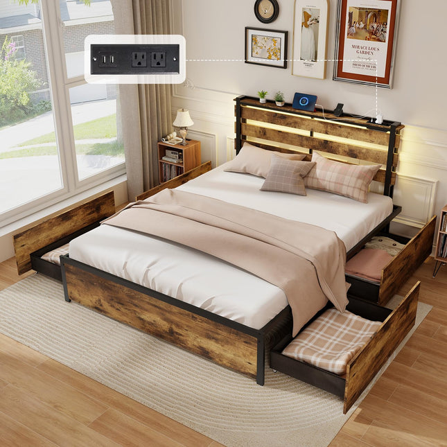 Dreamade Queen/Full/Twin Size Bed Frame with LED Lights Headboard and 4 Storage Drawers
