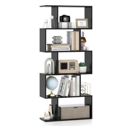 Dreamade 5-Tier Geometric Bookshelf, 62.5" Tall Wood S-Shaped Bookcase with Anti-Tipping Device