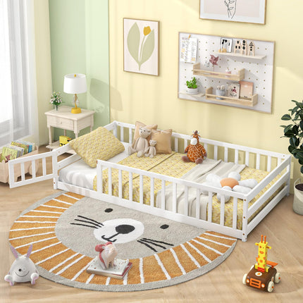 Dreamade Twin Floor Bed with Door & Fence, Kids Wood Montessori Bed with Safety Guardrails