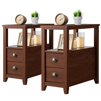 Dreamade End Table Wooden W/ 2 Drawers and Shelf Space-Saving Rectangular Bedside Table