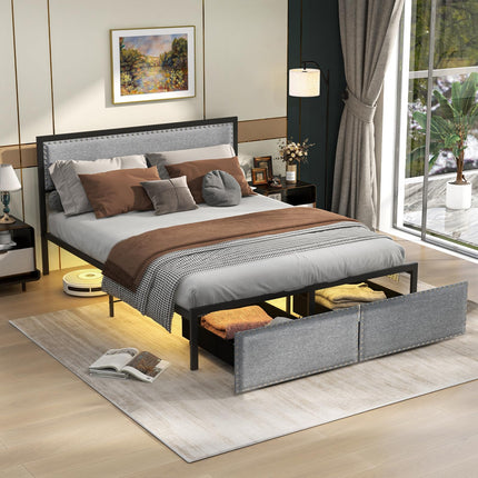 Dreamade Queen/Full/Twin Size Bed Frame with LED Lights and 2 Storage Drawers