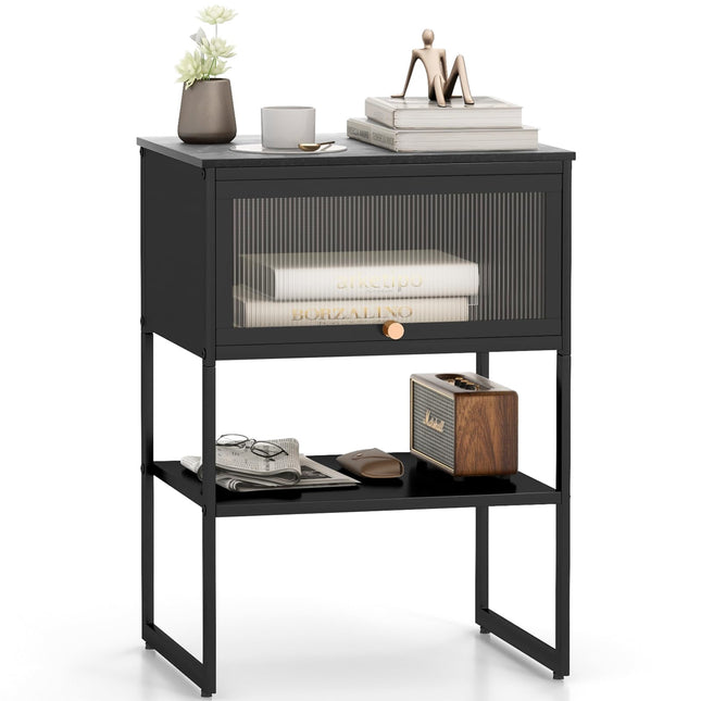 Dreamade Black Nightstand, Modern End Table with Flip up Door