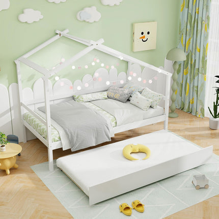 Dreamade Wood House Bed for Kids, Twin Bed Frame with Trundle Bed Twin