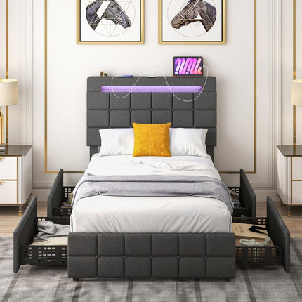 Dreamade Full/Twin Size Bed Frame with LED Lights and 4 Drawers