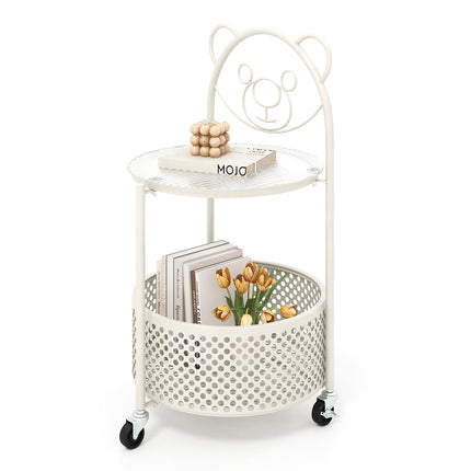 Dreamade Mobile Glass Coffee Table, 2-Tier Round End Table with Bear Pattern, Storage Basket, Metal Frame