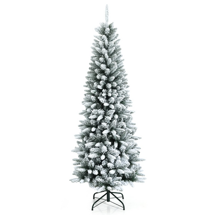 Dreamade Snow Flocked Pencil Christmas Tree, Hinged Artificial Slim Xmas Tree - DreamadeUS