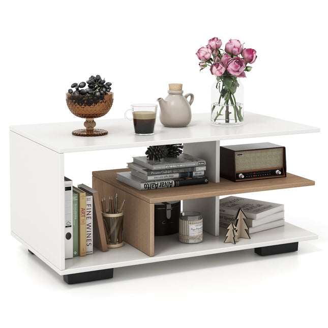 Dreamade Coffee Table with Storage, Modern Rectangular Accent Table with L-shaped Middle Shelf