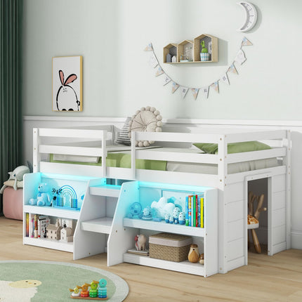 Dreamade Low Loft Bed with LED Lights, Wooden Twin Loft Bed with Stairs & Safety Guardrail
