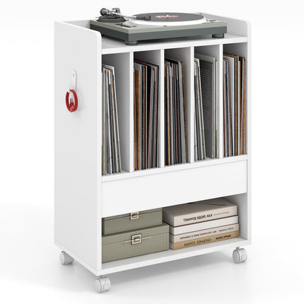 Dreamade Record Player Stand, Rolling Turntable Stand with Drawer, Hook & Lockable Wheels