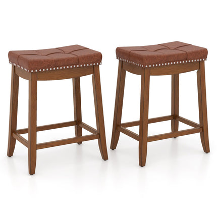 Dreamade Bar Stools Set, 25" Counter Height Bar Stools w/Saddle Seat, Footrest, Rivet, Button Tufted, Rubber Wood Frame