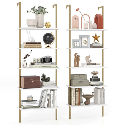 Dreamade 5 Tier Modern Wall Mounted Bookshelf, 71'' White and Gold Wood Bookcase with Steel Frame