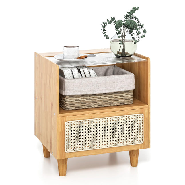 Dreamade Rattan Nightstand with Drawer