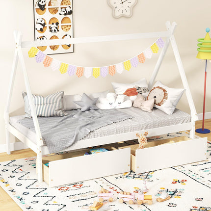 Dreamade Twin Bed Frame with 2 Storage Drawers, Wood House Tent Platform Bed Frame with Triangle Structure