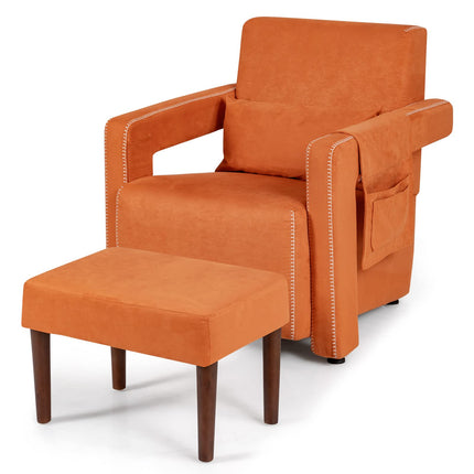 Dreamade Modern Accent Chair with Ottoman, Soft Berber Fleece Armchair Single Sofa and Footstool Set w/Waist Pillow