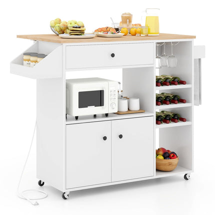 Dreamade Rolling Kitchen Island Cart with Drop Leaf, Power Outlet, Spice Rack, 12 Wine Rack