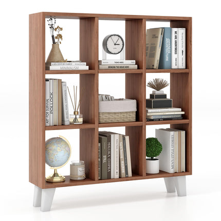 Dreamade 9-Cube Open Bookcase, 3-Tier Freestanding Bookshelf with 4 Slanted Legs & 6 Removable Shelves