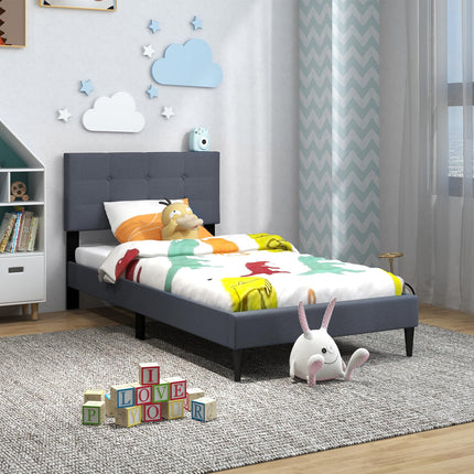 Dreamade Queen/Twin Size Platform Bed Frame with Button Tufted Headboard and Wooden Slats