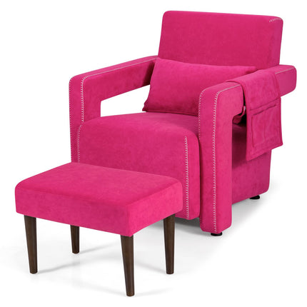 Dreamade Modern Accent Chair with Ottoman, Soft Berber Fleece Armchair Single Sofa and Footstool Set w/Waist Pillow