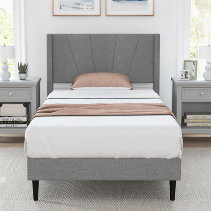 Dreamade Queen/Twin Size Bed Frame, Modern Linen Upholstered Platform Bed with Wingback Headboard