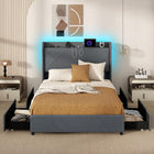 Dreamade Full/Queen Size Bed Frame with 4 Storage Drawers & LED Lights, Headboard & Charging Station, Wooden Slats, Easy Assembly, Grey