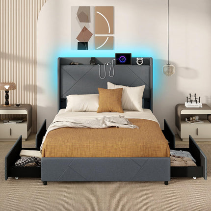 Dreamade Full/Queen Size Bed Frame with 4 Storage Drawers & LED Lights, Headboard & Charging Station, Wooden Slats, Easy Assembly, Grey