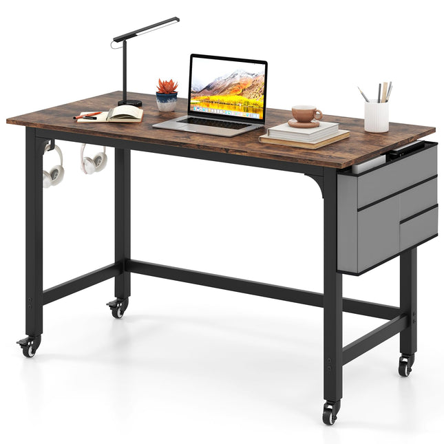 Dreamade 48" Rolling Computer Desk, Mobile Study Writing Desk with Wheels & Metal Frame, Simple Style Home Office Work Bench