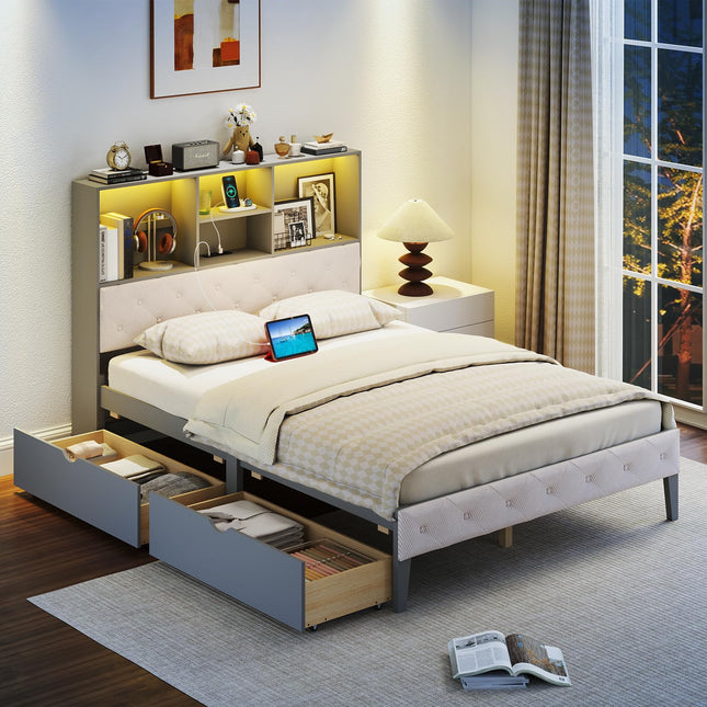 Dreamade Gray Full Size Bed Frame with Upholstered Bookcase Headboard