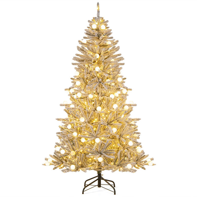 Dreamade Pre-Lit Snow Flocked Christmas Tree with Warm White LED Lights & Globe Lights