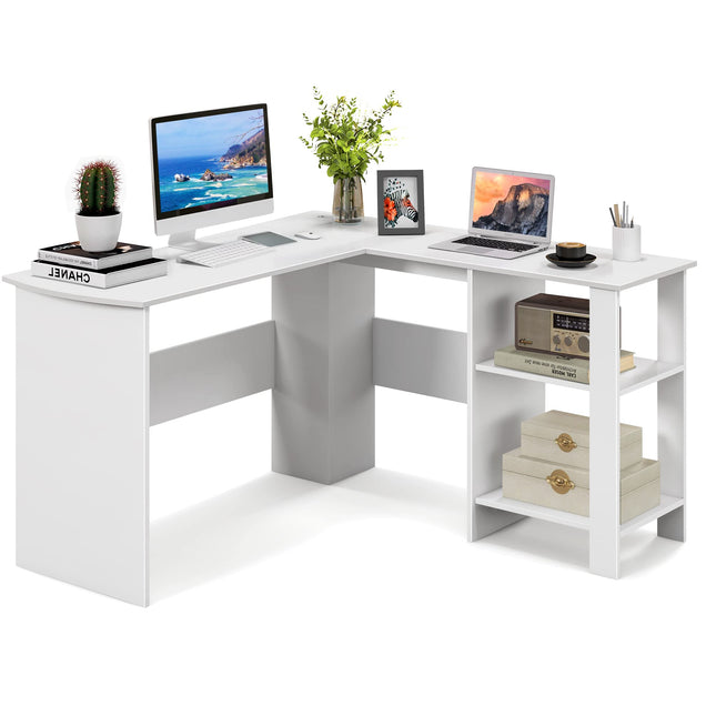 Dreamade L Shaped Computer Desk, 51" Large Corner Desk with 2 Cable Holes & 2 Storage Shelves, White