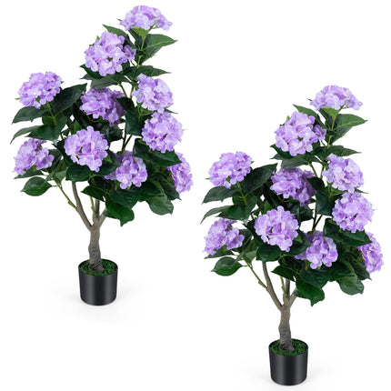 Dreamade 2 Pack Artificial Hydrangea Tree w/11 Flowers & Realistic Trunk in Plastic Nursery Pot