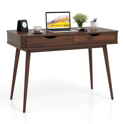 Dreamade Mid-Century Desk with 2 Drawers, 43.5" Writing Study Desk with Solid Rubber Wood Legs