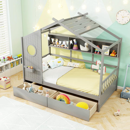 Dreamade Twin House Bed with 2 Storage Drawers, Kids Bed Frame with Storage Cubes, Montessori Bed with Fence Guardrails & Roof