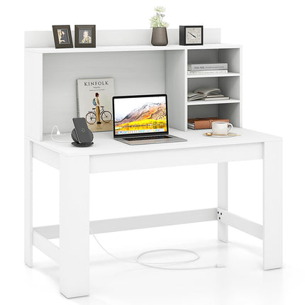 Dreamade Computer Desk with Hutch, Modern Home Office Desk with Power Outlets, Storage Shelves & Cable Hole
