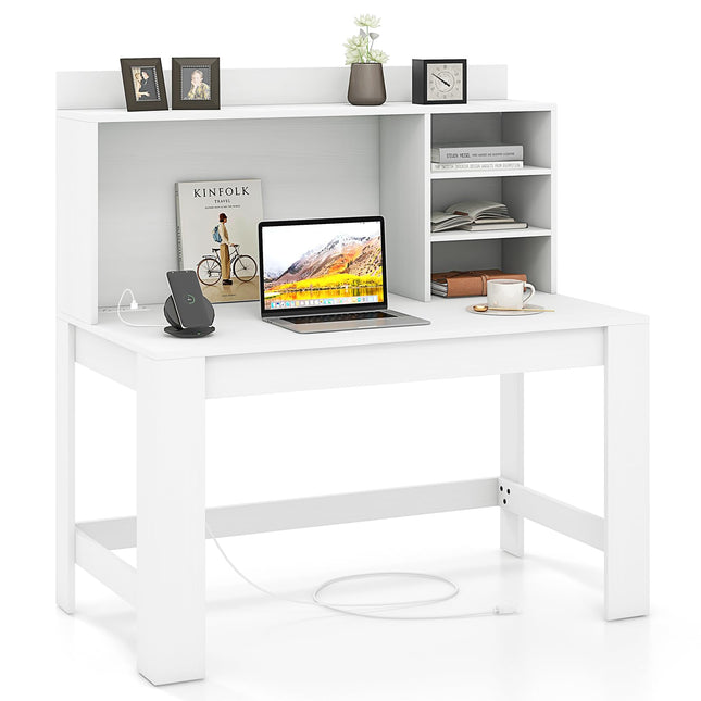 Dreamade Computer Desk with Hutch, Modern Home Office Desk with Power Outlets, Storage Shelves & Cable Hole