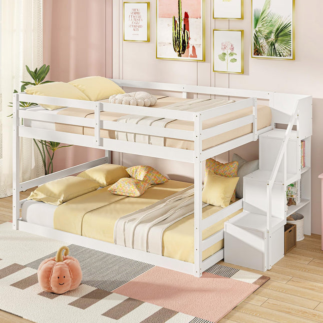 Dreamade Bunk Bed with Stairs, Solid Wood Floor Bunk Bed with Storage Staircase & Full-Length Guardrails