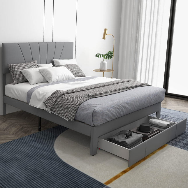 Dreamade Upholstered Queen Bed Frame with Drawer, Modern Platform Bed with Storage & Adjustable Headboard
