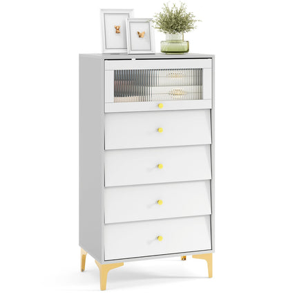 Dreamade 4-Drawer Dresser with Flip Up Fluted Glass Door