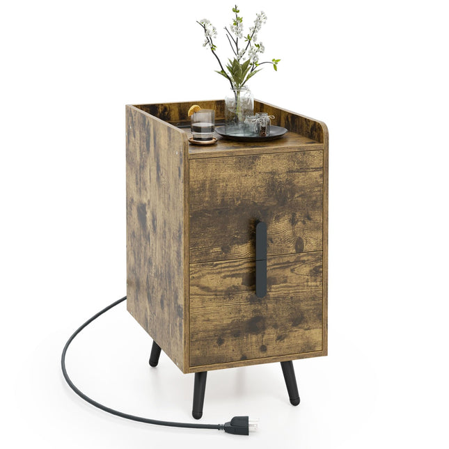 Dreamade Nightstand with Charging Station, Narrow End Table with 2 Drawers & Metal Gold Legs