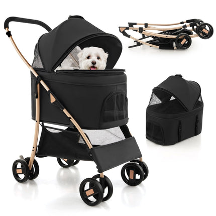 Dreamade Pet Stroller 3-in-1, Folding Dog Stroller Detachable Carrier Car Seat (Black & Gold)