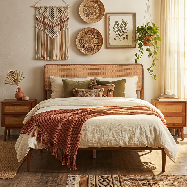 Dreamade Wooden Bed Frame Full/Twin/Queen Size with Rattan Headboard