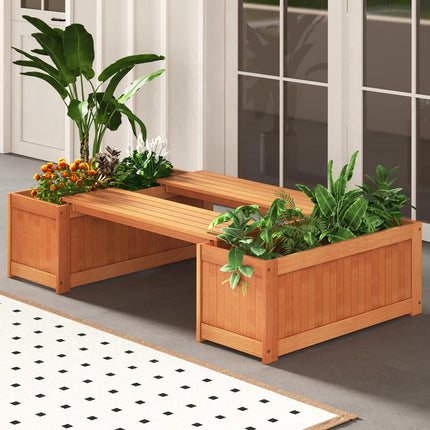 Dreamade 2-in-1 Outdoor Bench, Wood Raised Garden Bed with Open Base, Teak Oil Finish