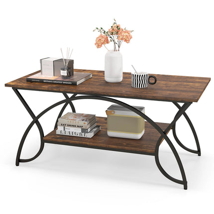 Dreamade 2-Tier Rectangular Coffee Table, Modern Chic Cocktail Table with Open Storage Shelf, White/Gold