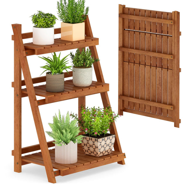 Dreamade Foldable Ladder Plant Shelf 3-Tier Solid Wood Indoor Outdoor Flower Pot Display Rack