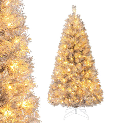 Dreamade 5ft / 6ft / 7 ft Pre-Lit Silver Tinsel Christmas Tree with Warm White LED Lights