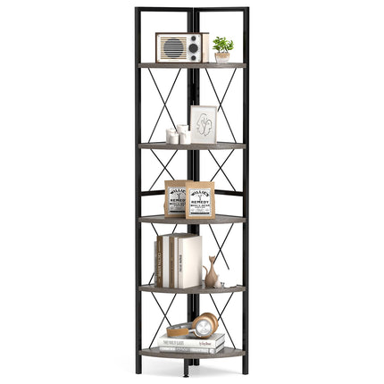Dreamade 5-Tier Corner Shelf, 63" Tall Corner Bookshelf, Freestanding Storage Rack w/Metal Frame