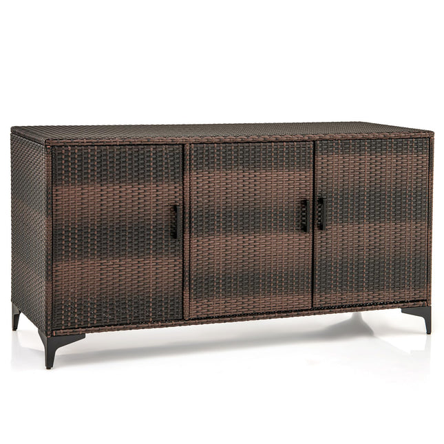 Dreamade 84-Gallon Wicker Deck Box - Patio Storage Cabinet, 3-Door PE Rattan Storage Container with Removable Shelves