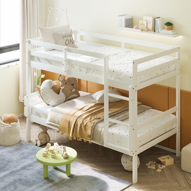 Dreamade Bunk Bed Twin Over Twin White, Solid Wood Bunk Bed