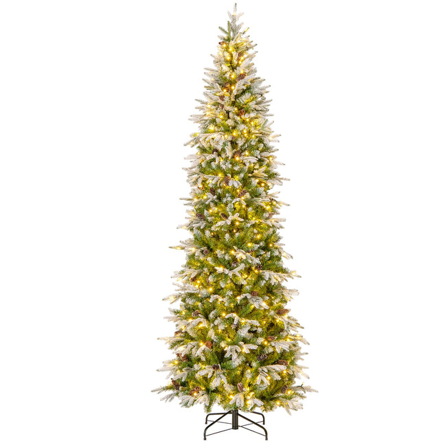 Dreamade 9 FT Pre-Lit Pencil Christmas Tree, Artificial Snow Flocked Hinged Fake Slim Xmas Tree with 470 Warm-White LED Lights