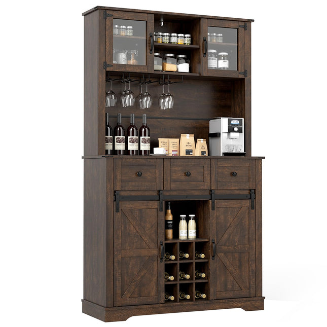 Dreamade 72" Farmhouse Coffee Bar Cabinet w/Glass Doors & Wine Racks