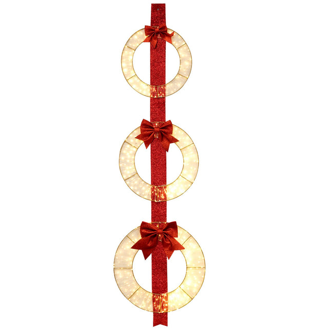 Dreamade Set of 3 Pre-Lit Wreaths, 5.8 FT Xmas Light-up Decorations on Red Ribbon with 450 LED Lights